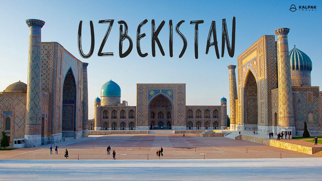 Uzbekistan written on photo of Registan place