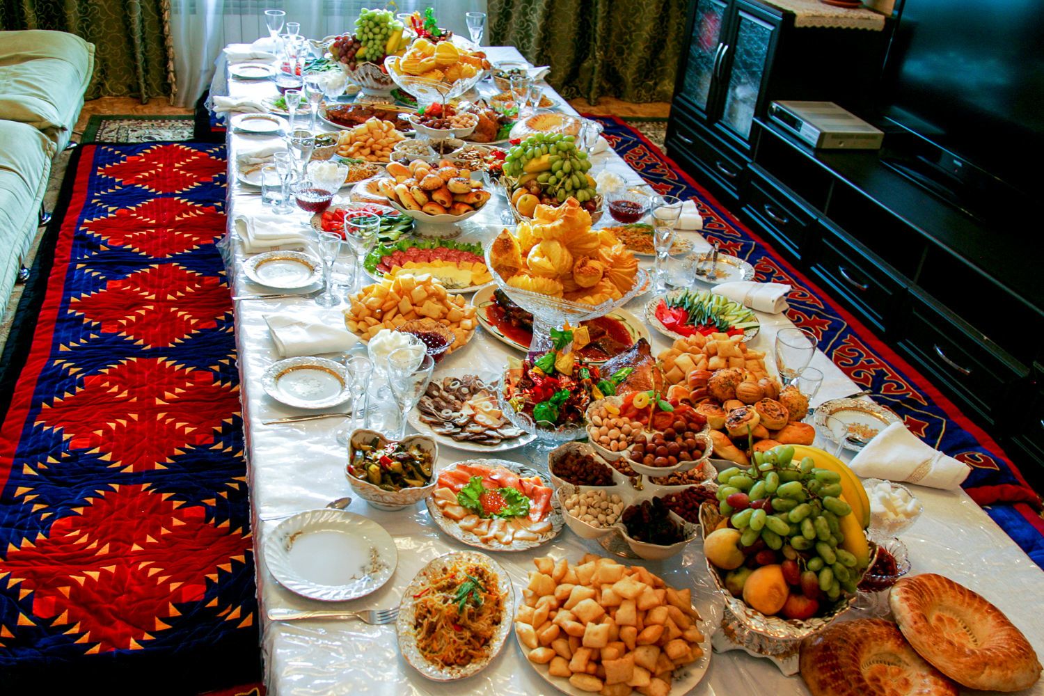 Table full of dishes in Central Asia