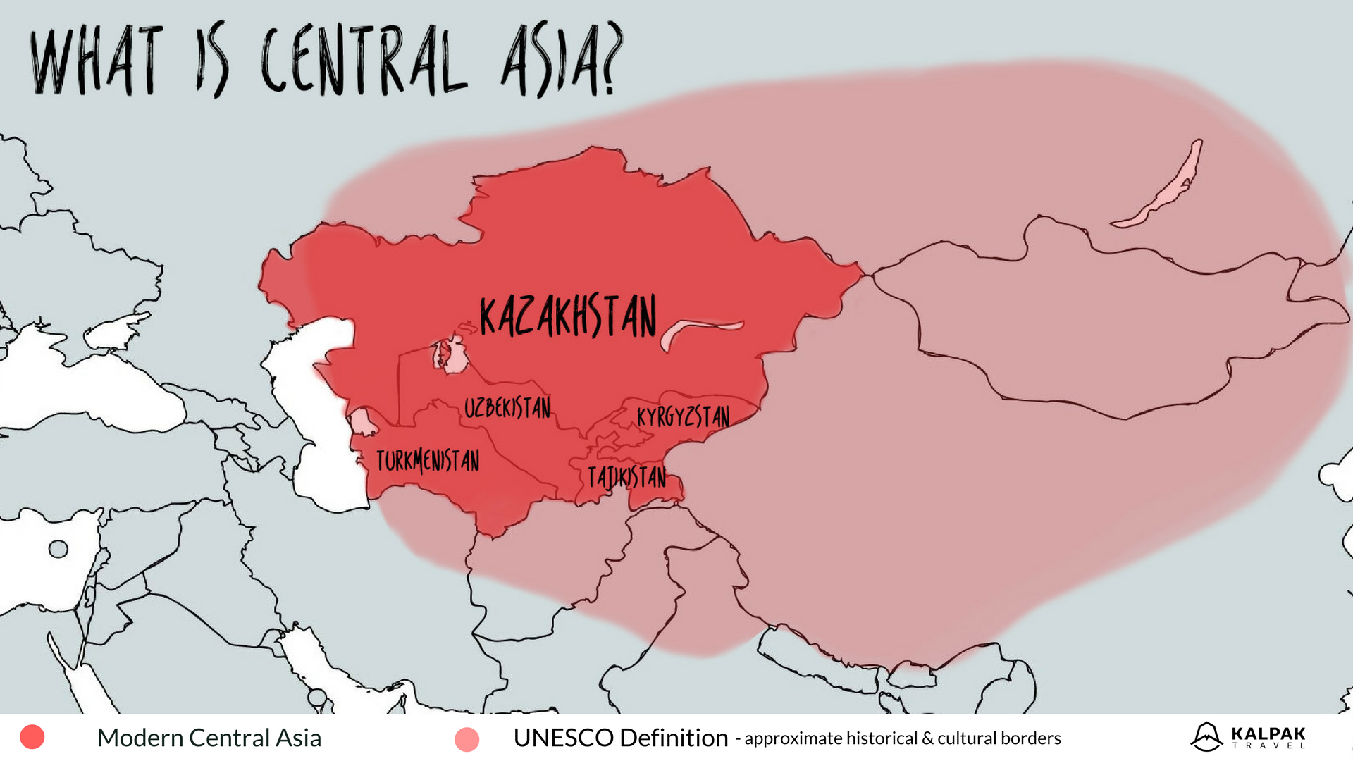 Central Asia map with modern definition borders and historical -cultural definition of UNESCO