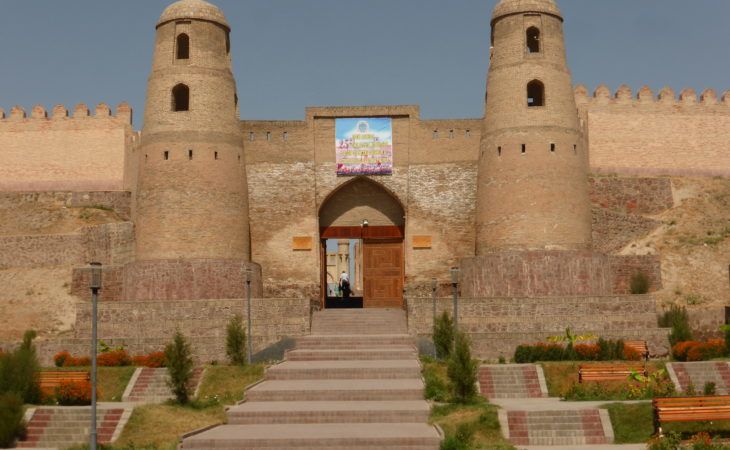 ancient fortress Hissar with two watch towers, just outside Dushanbe in Central Asia tour