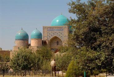 Tashkent mosque & medrese with trees and three blue domes