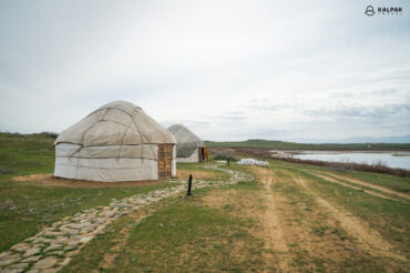 Aidarkul lake with yurts in Uzbeksitan