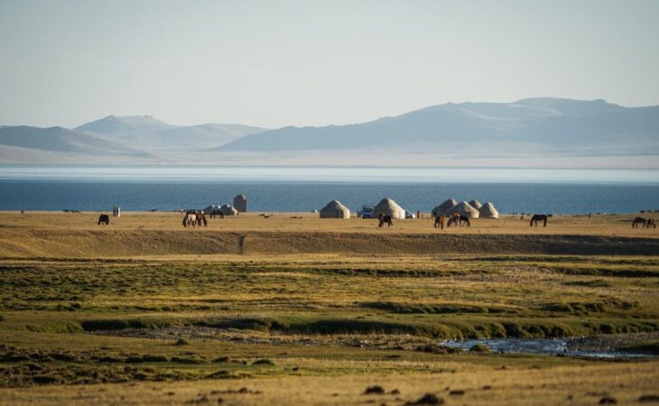 Song Kul lake in Kyrgyzstan with yurts